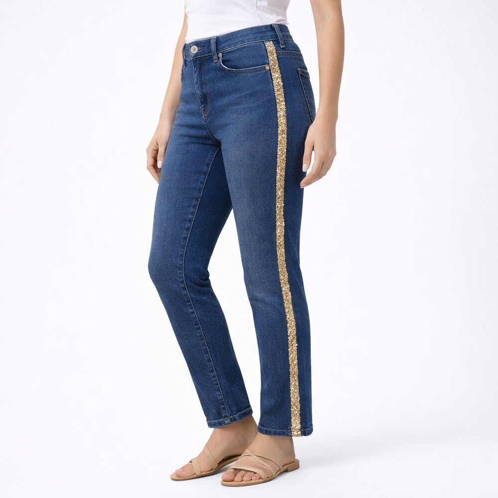 Belle by Kim Gravel TripleLuxe Denim Sequin Stripe Jeans Medium Wash Petite 0P